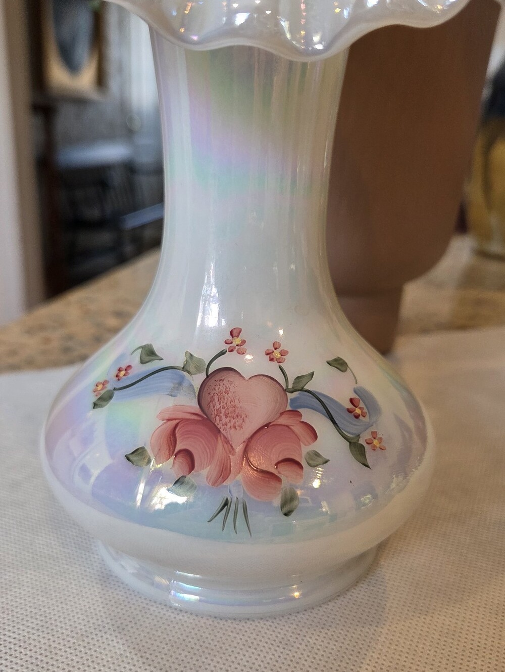 Fenton Jack in the Pulpit Opalescent Hand-Painted Vase, Pink Rose Detail - Picture 2 of 7